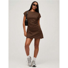 Vestido Feminino de Verão, Camiseta, Casual, Manga Curta, Solto, Minivestido Cor Café S