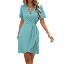 Womens Summer Short Sleeve Casual Dresses V Neck Vacation Sundress Faux Wrap Midi Dress Cyan M