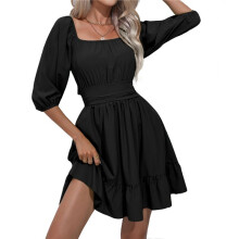 Vestido Casual Feminino de Chiffon com Mangas Longas Tipo Lanterna, Amarração Nas Costas, Cintura Alta, Corte em A Preto L