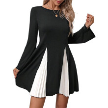 Women'S Color Block Ruffle Hem Puff Bubble Dress Crewneck Long Sleeve Textured Dresses Search This Page Black & White M