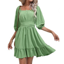 Women'S Chiffon Blend Casual Dress with Long Lantern Sleeves Tie Back High Waist A- Silhouette Light Green XL