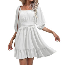Vestido Casual Feminino de Chiffon com Mangas Longas Tipo Lanterna, Amarração Nas Costas, Cintura Alta, Corte em A Branco XL