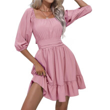 Women'S Chiffon Blend Casual Dress with Long Lantern Sleeves Tie Back High Waist A- Silhouette L