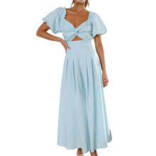 Vestido Longo Boho Feminino de Verão, Decote em V, Manga Curta, Linha A, com Bolso Azul-Celeste S