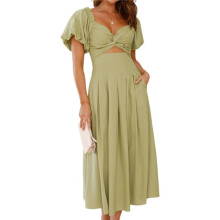 Vestido Longo Boho Feminino de Verão, Decote em V, Manga Curta, Linha A, com Bolso Verde L