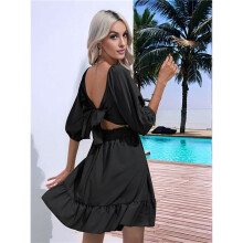 Vestido Casual Feminino de Chiffon com Mangas Longas Tipo Lanterna, Amarração Nas Costas, Cintura Alta, Corte em A Preto M