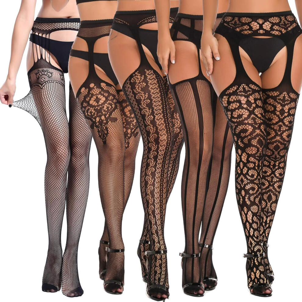 Suspender Pantyhose for Women, Fishnet Stockings Thigh-high Tights with Garter Belt Attached High Waist Design, Stretchable Soft Material with Hollow
