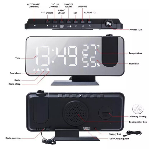 Adjustable Brightness Projection Alarm Clocks, 12/24 Hours Time Display for Home Office, Rotatable Projector, Energy-Saving Automatic Dimmer, Large 2