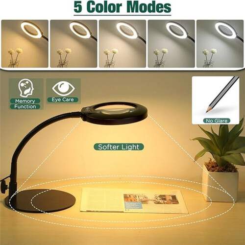 Flexible Gooseneck Lighted Magnifier with Stand 5 Color Modes Dimmable USB Reading Eye Protection Study Lamp 1
