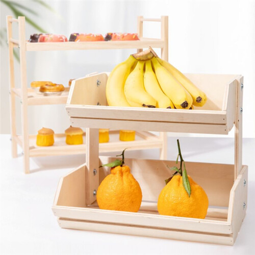 2-Tier Wooden Fruit Basket,Multipurpose Kitchen Storage for Vegetables, Bread,Rustic Vintage Style Food Container White 1