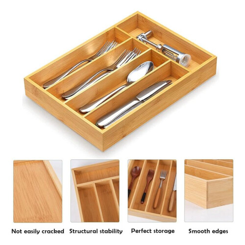 Bamboo Cutlery Silverware Tray Divider Storage Tray Rack Storage Box 5 Compartment Tray Kitchen Drawer Storage Rack 2