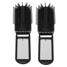 2X Escova de Cabelo DobráVel para Viagem PortáTil com Espelho Compacto Tamanho de Bolso Pente Preto