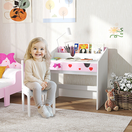AIYAPLAY Children Study Table and Chair w/ Storage, Pull-Out Drawer, Pink