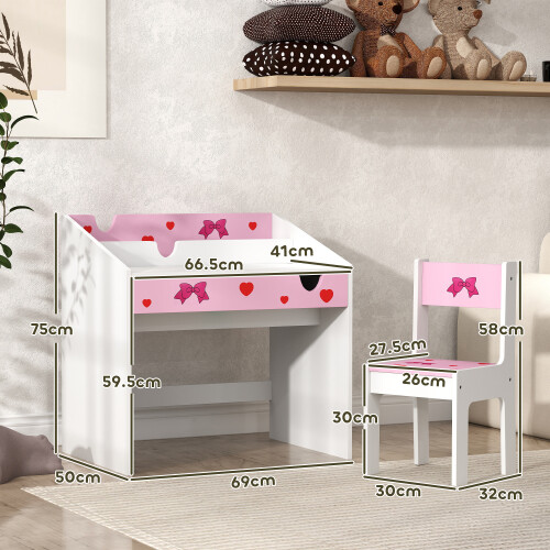 AIYAPLAY Children Study Table and Chair w/ Storage, Pull-Out Drawer, Pink 2