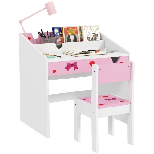 AIYAPLAY Children Study Table and Chair w/ Storage, Pull-Out Drawer, Pink 1