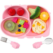 Sucesso na Autoalimentação, Prato de Silicone Rosa com Ventosa, Silicone de Grau Alimentício, Promove a Alimentação Independente com Colher