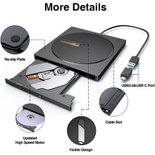 Ultraschlankes externes Blu-ray-DVD-CD-Laufwerk, Plug-and-Play mit elegantem Design für Windows 10, Windows 8, Windows 7, Windows XP, Vista, Mac OS