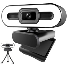 Förbättra din onlinenärvaro med vår webbkamera med full HD 1080P-upplösning, justerbar ringlampa och brusreducerande mikrofoner för tydlig bild