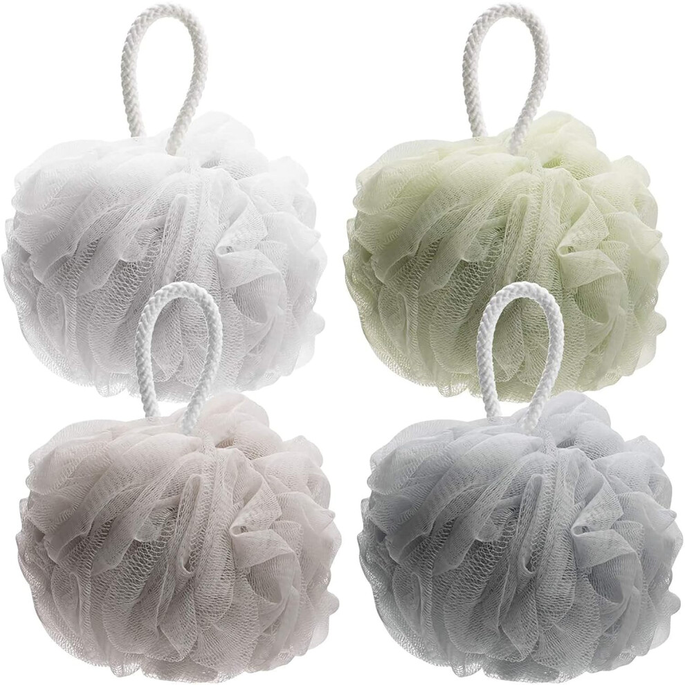 Gentle Cleansing Mesh Pouf Shower Ball For Luxurious Spa-Like Experience, Ergonomically Designed Exfoliating Loofah Sponge, Neutral Colored, 4PCS