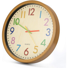 Educational Children's Clock, 12 Inch Silent Non-Ticking, Easy-To-Read Analog With Colorful Hands, Decorative For Classroom Or Kids' Room, Wood Grain