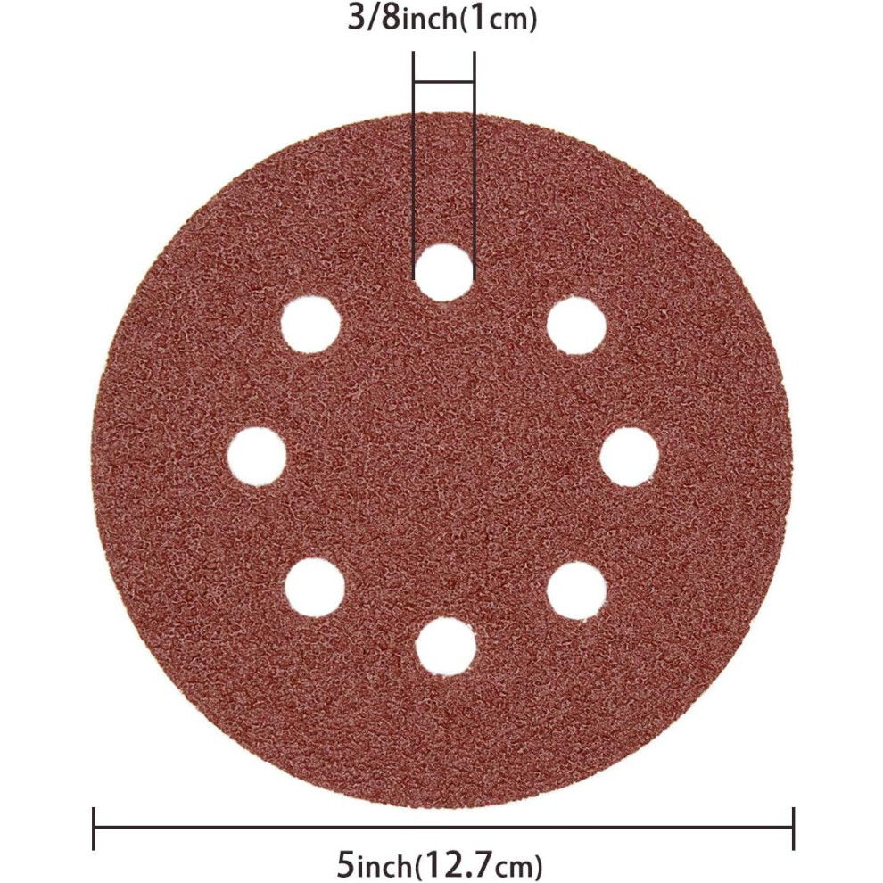 Sanding Discs For Random Orbital Sander, Hook And Loop Adhesive 5 Inch Sanding Pads With 8 Holes, Aluminum Oxide Grain Durable Abrasive Discs For 9169997995001