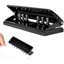 Handmatige perforator met 6 gaten voor papierformaten A3 tot B7, ergonomisch ontworpen met verstelbare gatafstanden van 19 mm tot 70 mm.