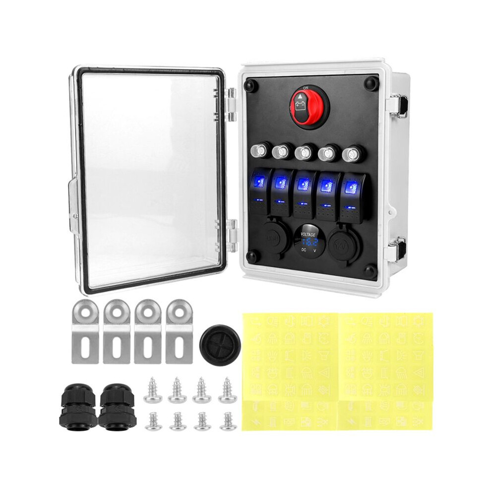 Rocker Marine Toggle Panel Box 5 Gang Waterproof Led Lighted With Breaker Usb Charger Led Voltmeter 4713053333617
