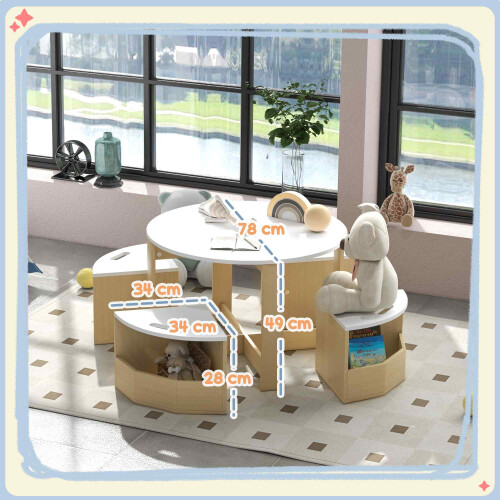 AIYAPLAY Five-Piece Kids Table and Chairs Set with Storage, White 2
