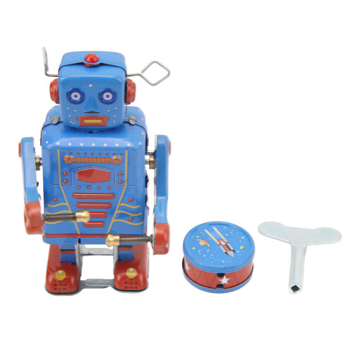 Charming Clockwork Drumming Robot Toy Tinplate Retro Wind Up Collectible 1
