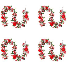 4pcs 6.3FT Red Berry Christmas Garland, Artificial Poinsettia Garland,Christmas Berry Garland with Pine Cones