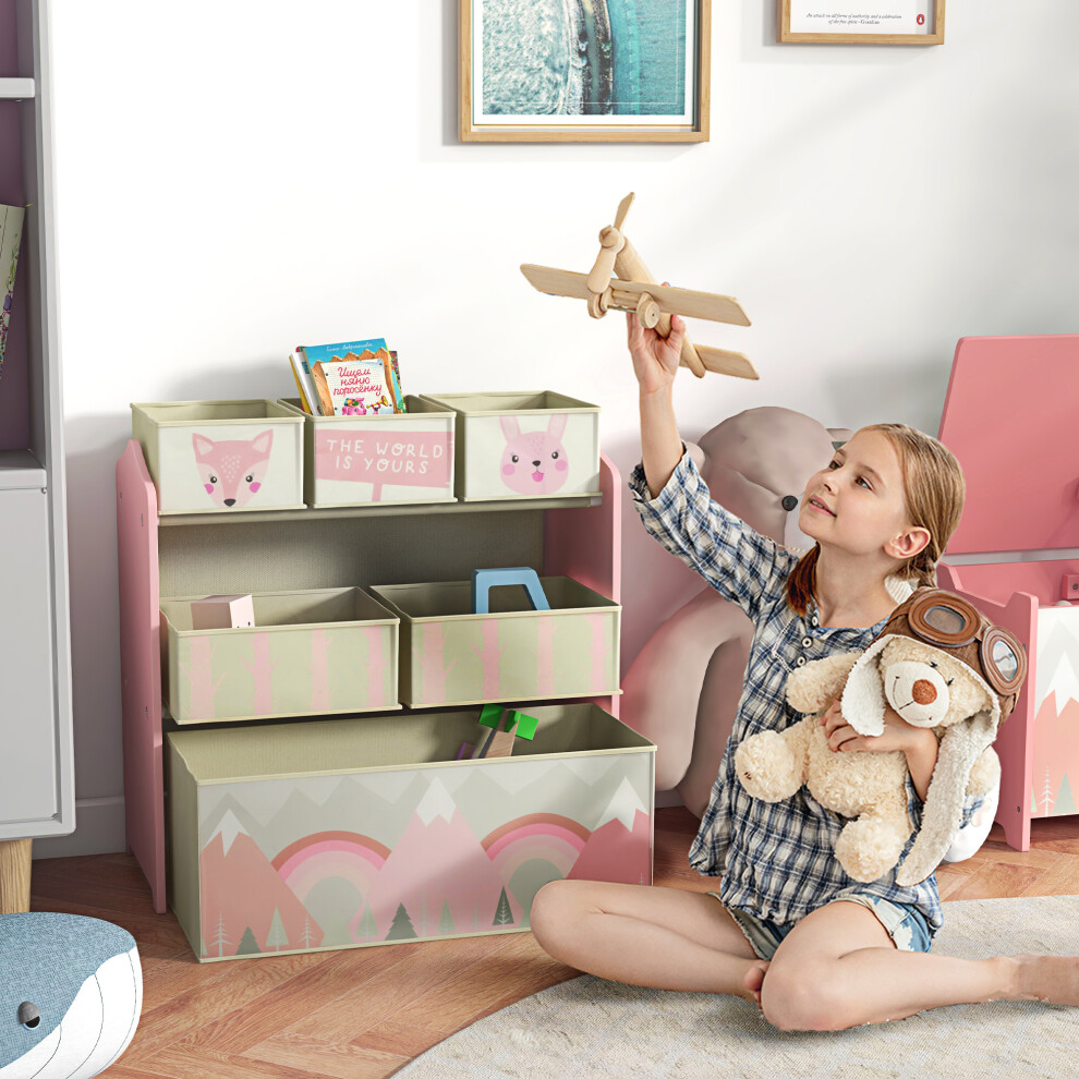 Zonekiz Kids Storage Units With 6 Boxes, Childrens Toy Storage Organiser, Pink