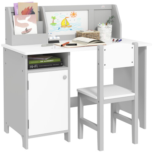 Homcom HOMCOM 2 PCs Childrens Table and Chair Set w/ Whiteboard Storage - Grey 1