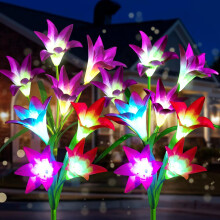 Luzes solares de jardim com mudança de cor, decoração solar de lírio em tecido de seda premium, iluminação de caminho externo com carregamento
