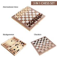 3-in-1-Brettspielset, inklusive aller Teile, faltbares Holzbrettspiel für Schach, Dame und Backgammon, tragbares Reisespiel im klassischen Retro-Stil