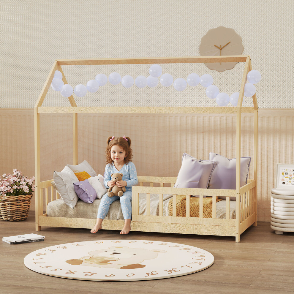 Bobobiy Boys House-Shaped Kids Bed Frame With Guard Rails, Solid Pine Wood Single Bed Frame For Kids And Girls, Natural - Natural Wood Finish - Image 4