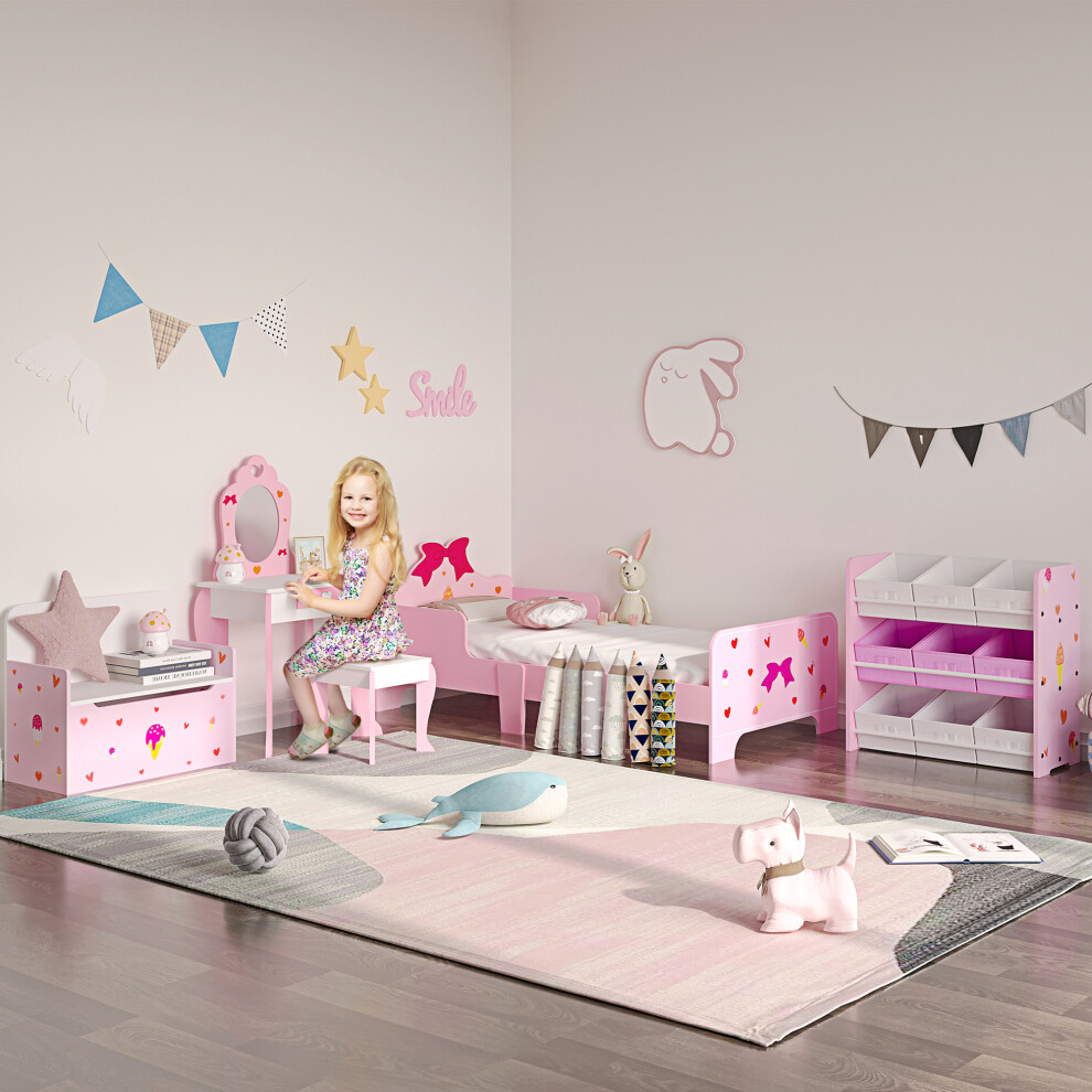 Zonekiz Unisex Pink Kids Dressing Table With Mirror, Stool, Drawer, Cute Patterns Large - Image 4