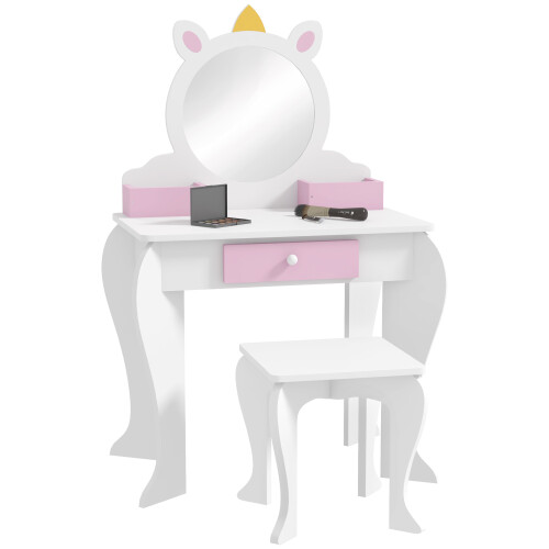 ZONEKIZ ZONEKIZ Kids Dressing Table with Mirror and Stool, Drawer, Storage Boxes - White 1