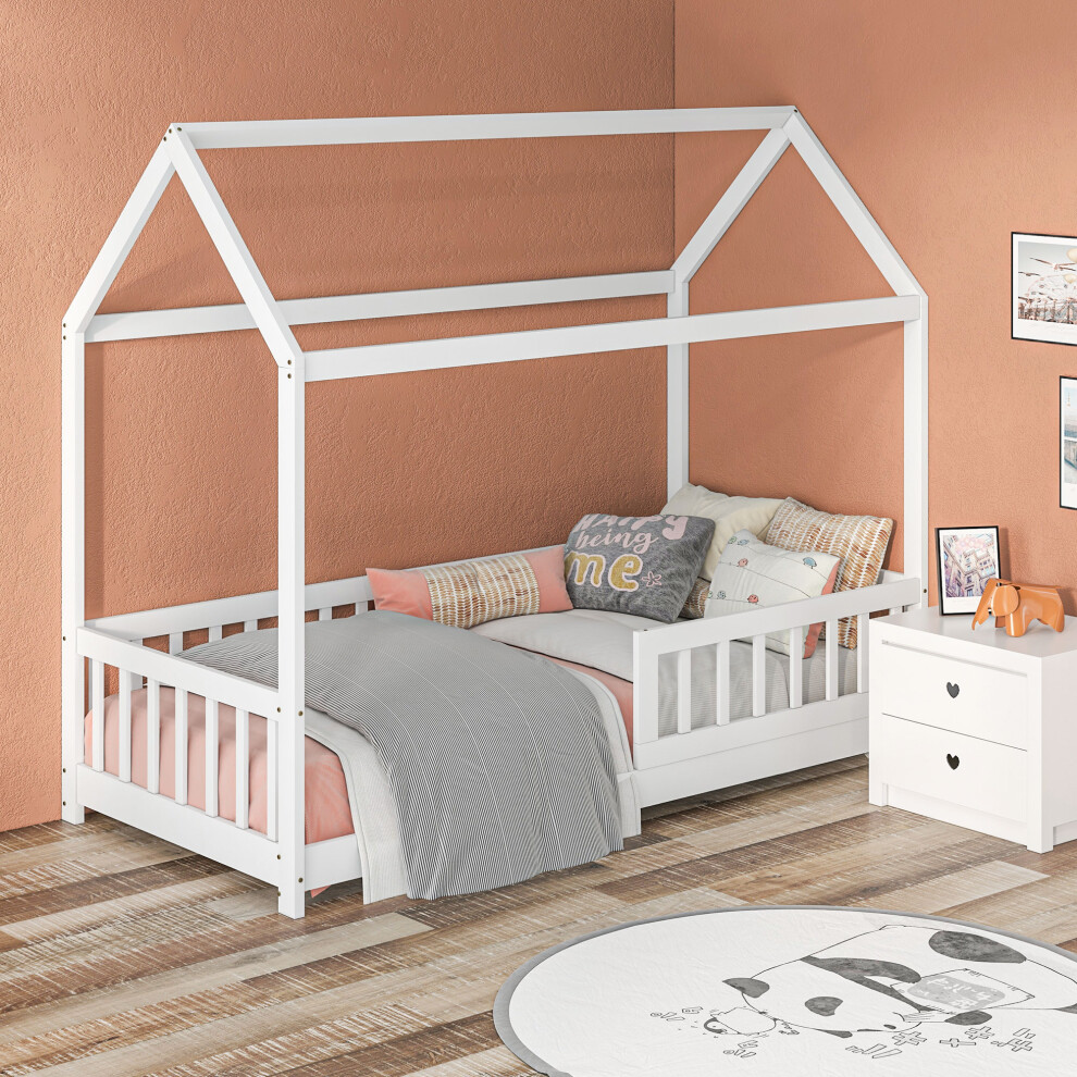 Rackhams Boys White House-Shaped Kids Bed Frame With Safety Fence For Girls, - Image 6