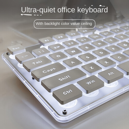 ([Mute 3-Piece Set] Silver White-Blue Light Mute Mouse Gaming Headset) Mute Wired Keyboard 1