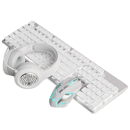 ([3-Piece Set] White-White Light Mute Mouse Gaming Headset) Mute Wired Keyboard