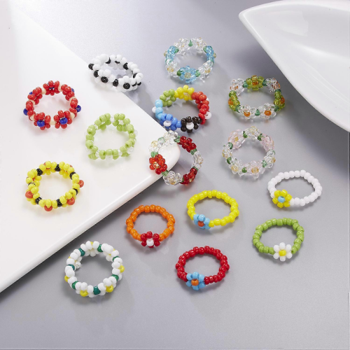 Boho 15 τεμάχια δαχτυλίδια με πολύχρωμες χάντρες λουλουδιών, ρυθμιζόμενα δαχτυλίδι