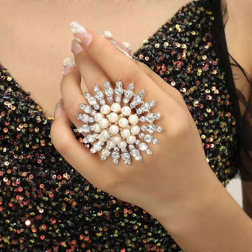 Vintage Μαργαριτάρι Rhinestone Κρύσταλλο Λουλούδι Δαχτυλίδι Χρυσό Δαχτυλίδι Δήλωσης Ρυθ 1