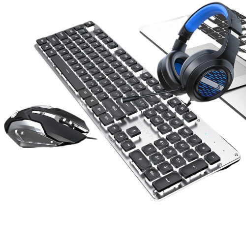 ([3-Piece Set] Black-White Light Mute Mouse Gaming Headset) Mute Wired Keyboard