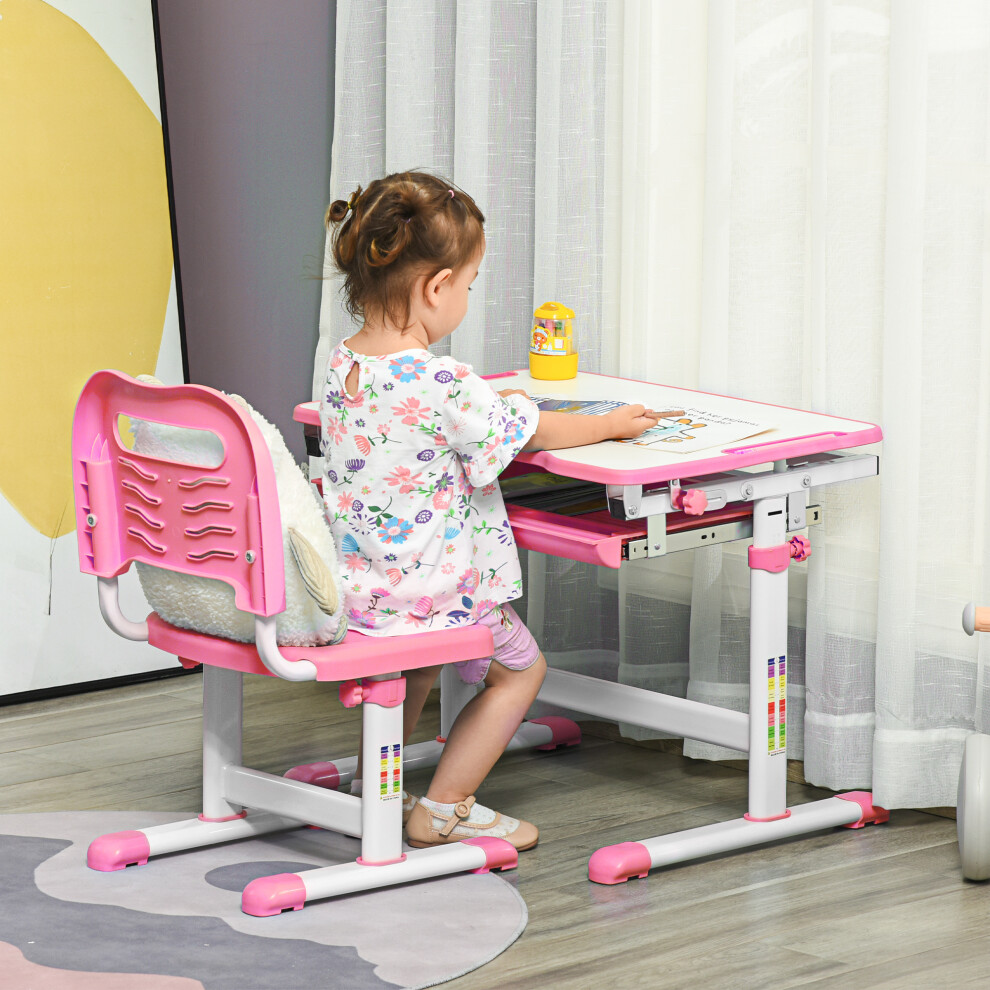 Bobobiy Pink Kids Desk And Chair Set, Student Adjustable Writing Desk, With Drawer, Pen Slot, Hook - Image 4