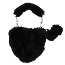 Heart-shaped plush shoulder bag, women's handbag with 3D plush design, black, 36 x 23 cm.