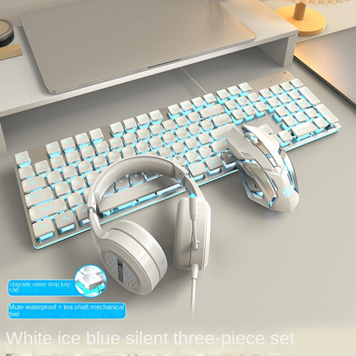 ([Mute 3-Piece Set] Silver White-Blue Light Mute Mouse Gaming Headset) Mute Wired Keyboard