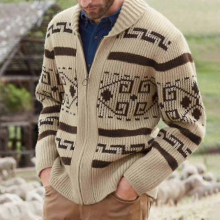 SMen\'s Khaki Zip Cardigan Jacquard Knitted Jumper Autumn/winter Warm Clothing