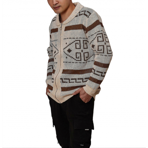 Khakifarbene LMen Strickjacke mit Reißverschluss, Jacquard-Strickpullover für Herbst Winter 1
