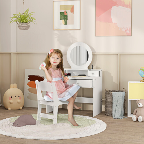 AIYAPLAY Kids Dressing Table Set w/ Stool, Mirror, Drawers - White