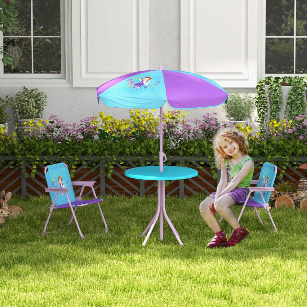 Outsunny Kids Bistro Table And Chair Set W/ Fairy Theme, Adjustable Parasol